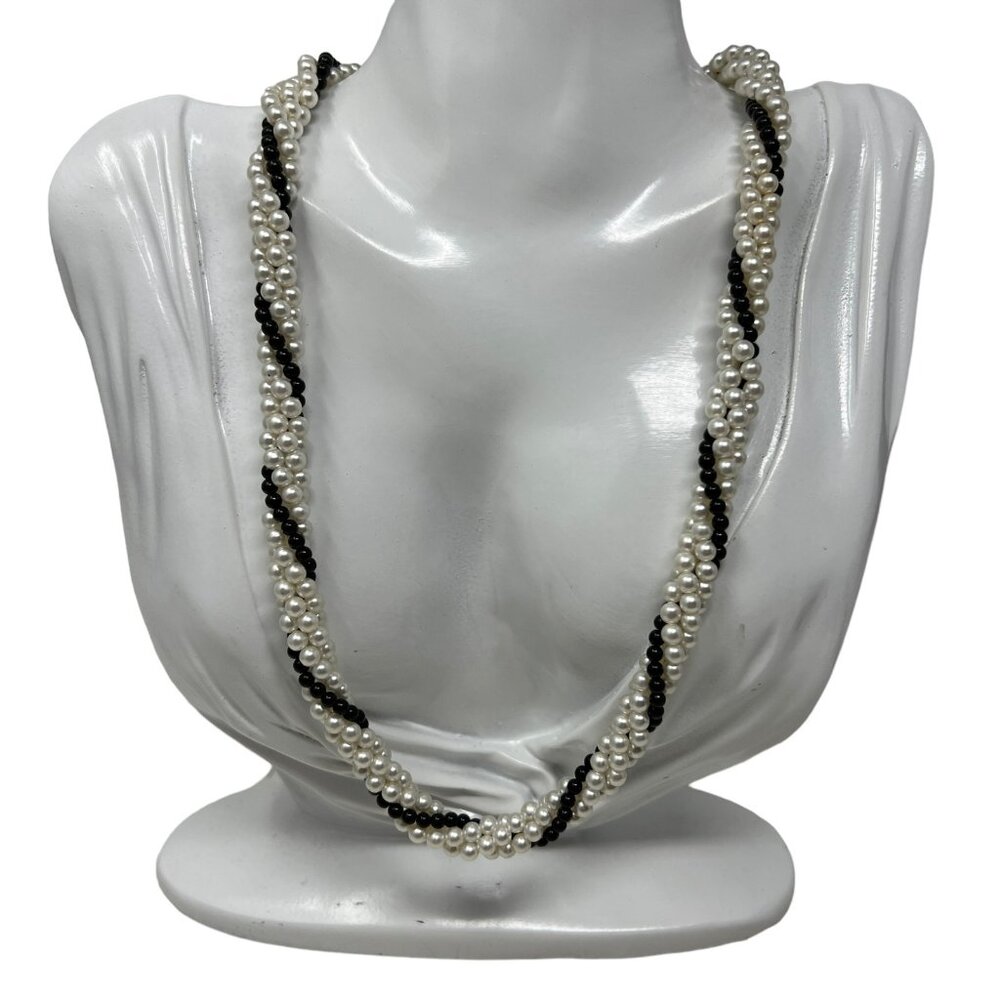 Pearl Beaded Necklace White Black Gold Tone Accents Decorative Bead Clasp